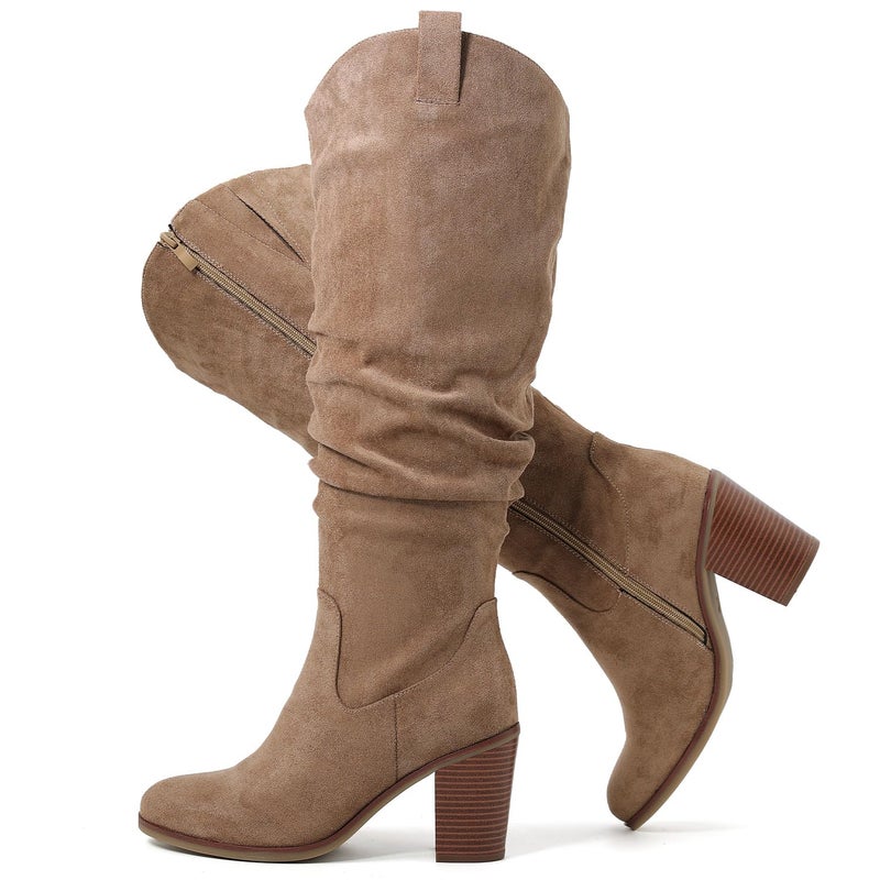 Luoika Women's Extra Wide Calf Cowboy Knee High Boots, Wide Width Cowgirl Slouchy Boots Chunky Pump Heel Plus Size Western Boots.Beige 230702 10XW - Image 1