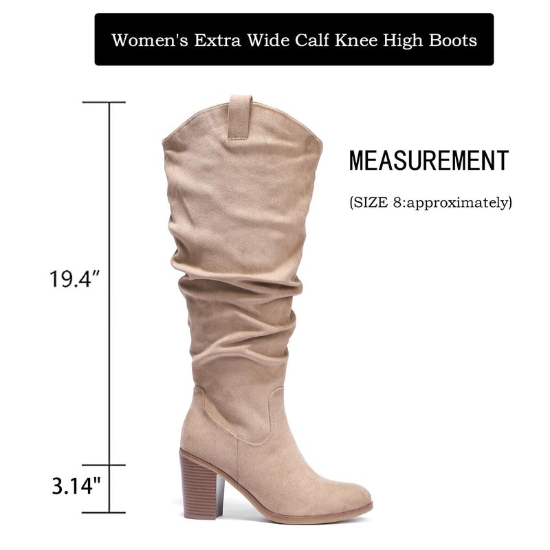 Luoika Women's Extra Wide Calf Cowboy Knee High Boots, Wide Width Cowgirl Slouchy Boots Chunky Pump Heel Plus Size Western Boots.Beige 230702 10XW - Image 5