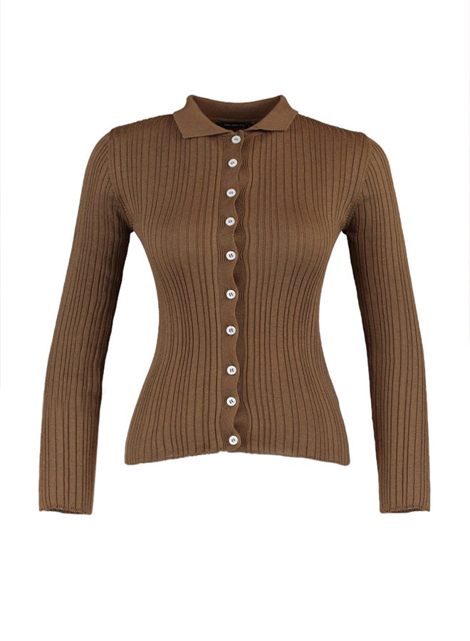 trendyol Brown Mercerized Look Ribbed Polo Collar Knitwear Cardigan - Image 5