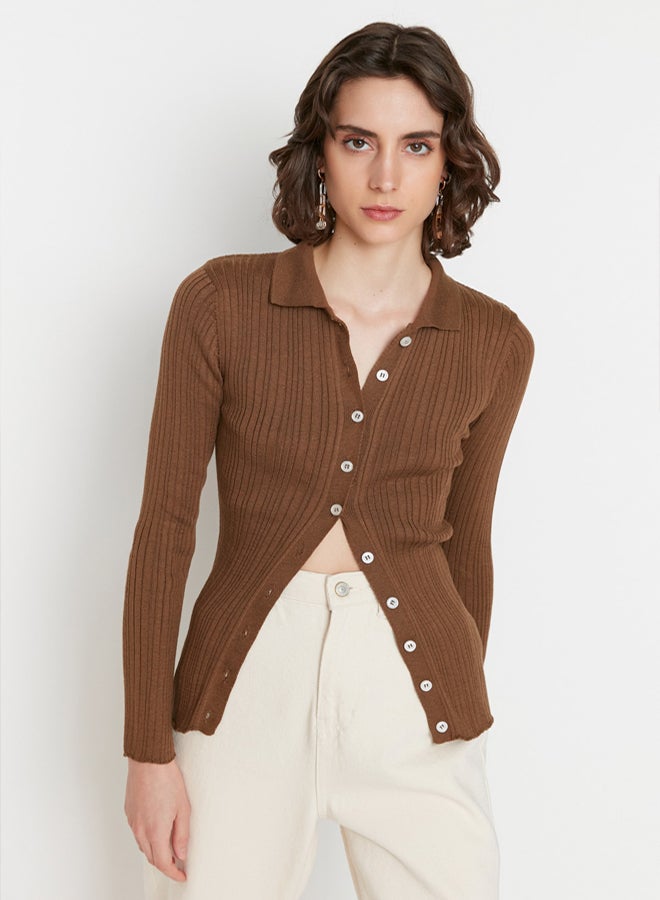 trendyol Brown Mercerized Look Ribbed Polo Collar Knitwear Cardigan - Image 3