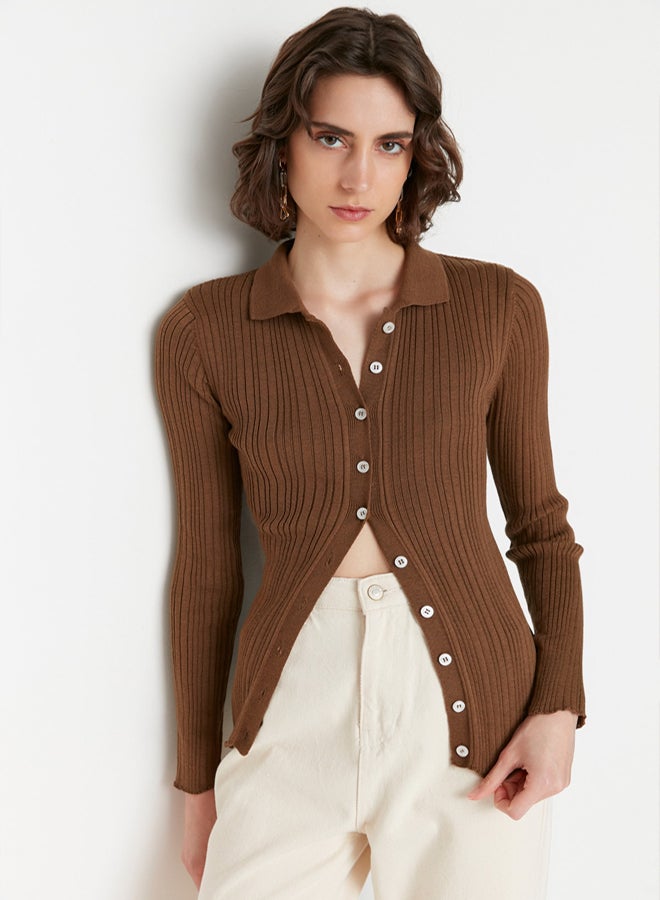 trendyol Brown Mercerized Look Ribbed Polo Collar Knitwear Cardigan - Image 2