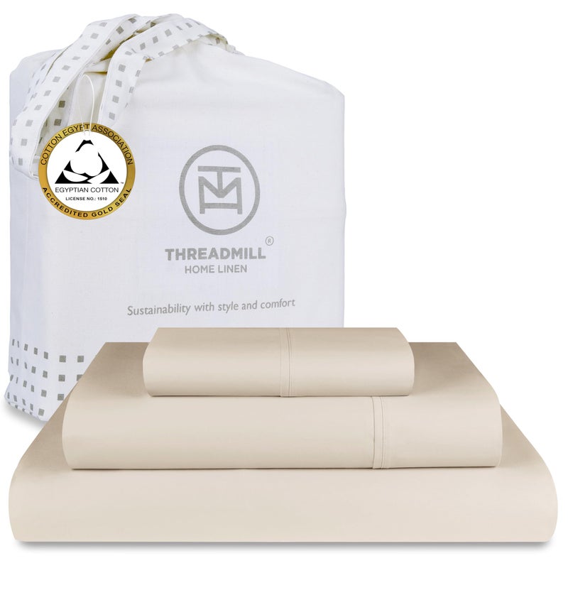 Threadmill Egyptian Cotton Twin XL Sheet Set  100 Certified Egyptian Cotton Sheets for Twin XL Size Bed  Sateen Twin XL Bed Sheets Set Deep Pocket  Soft Hotel 3Piece Cooling Sheet Set  Beige