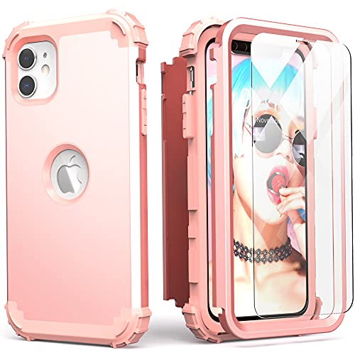 IDweel for iPhone 11 Case with Screen Protector(Tempered Glass), Hybrid 3 in 1 Shockproof Slim Fit Heavy Duty Protection Hard PC Cover Soft Silicone Bumper Full Body Case,Rose Gold - Image 1
