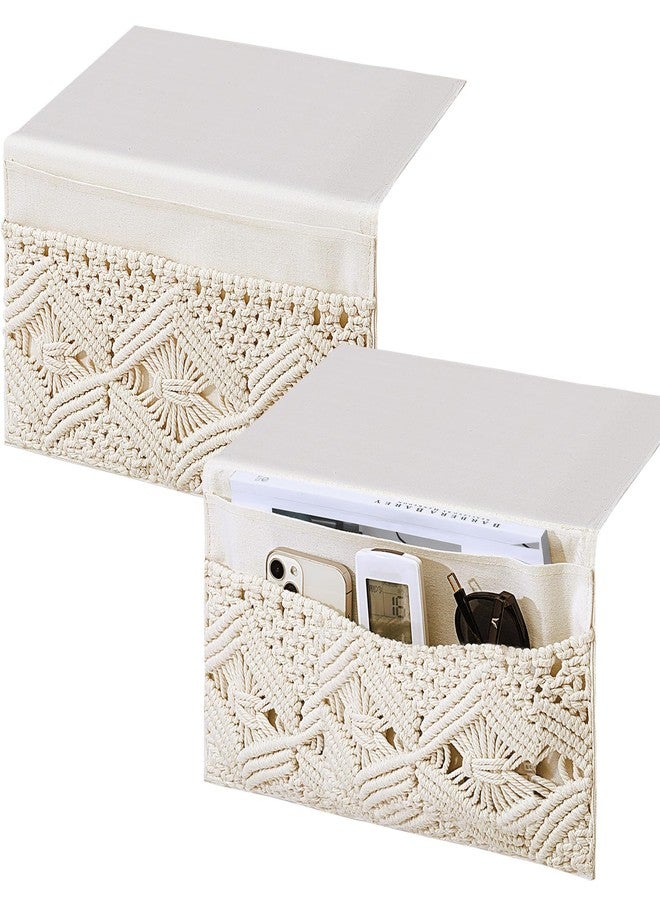 JaGely 2 Pcs 17.3 x 13 Inch Macrame Bedside Caddy Storage Organizer Hanging Boho Remote Control Holder Bedside Storage Basket for Home Couch Tablet Magazine Holder for TV Remote Control Living Room - Image 1