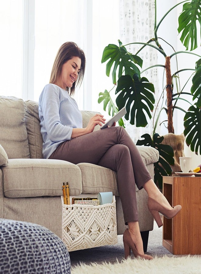 JaGely 2 Pcs 17.3 x 13 Inch Macrame Bedside Caddy Storage Organizer Hanging Boho Remote Control Holder Bedside Storage Basket for Home Couch Tablet Magazine Holder for TV Remote Control Living Room - Image 5