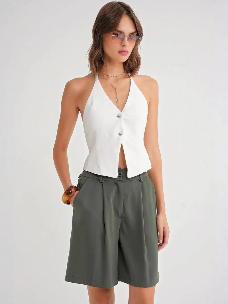 MixRay Khaki Green Mixray High Waist Buttoned Pocket Shorts for Women | Best Price UAE