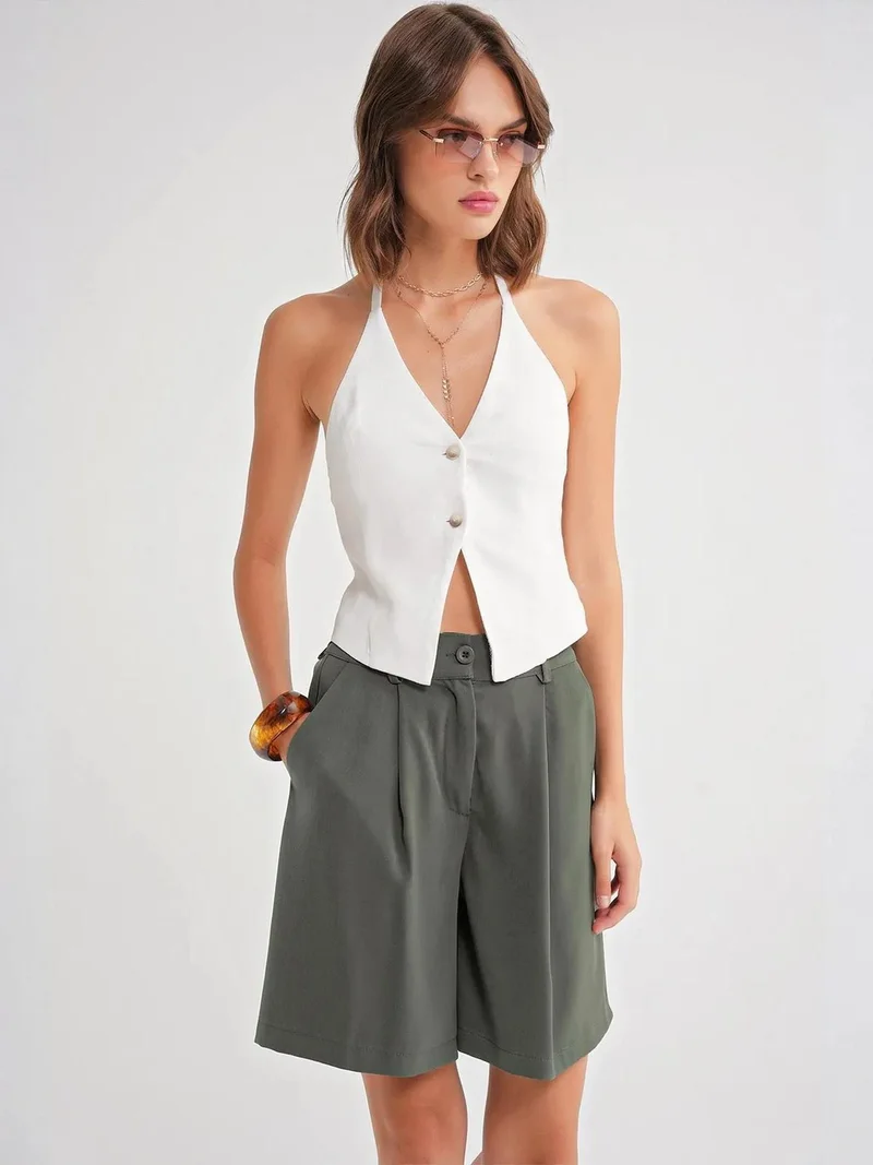 MixRay Mixray High Waist Buttoned Pocket Shorts