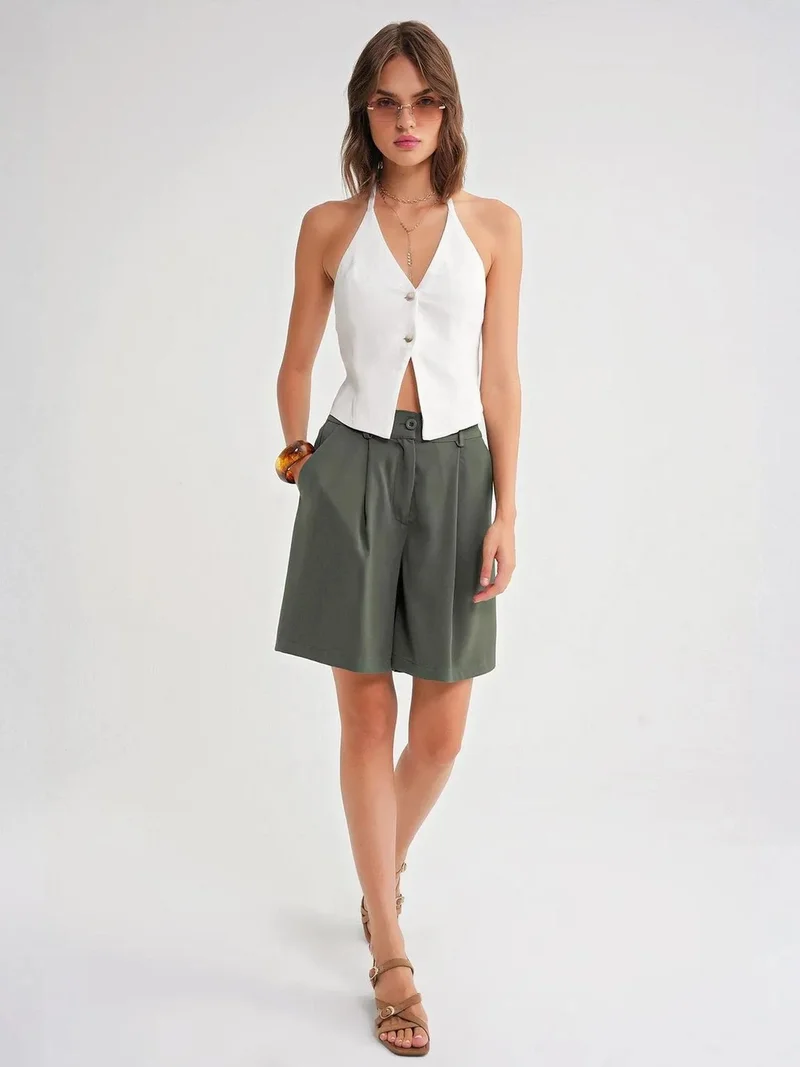 MixRay Khaki Green Mixray High Waist Buttoned Pocket Shorts for Women | Best Price UAE