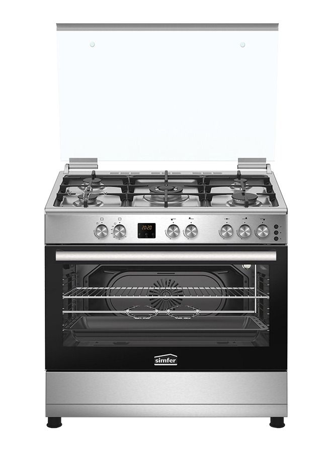 موقد غاز 90x60 5 شعلات ساباف ستانلس ستيل مع جوانب فضية أمان كامل