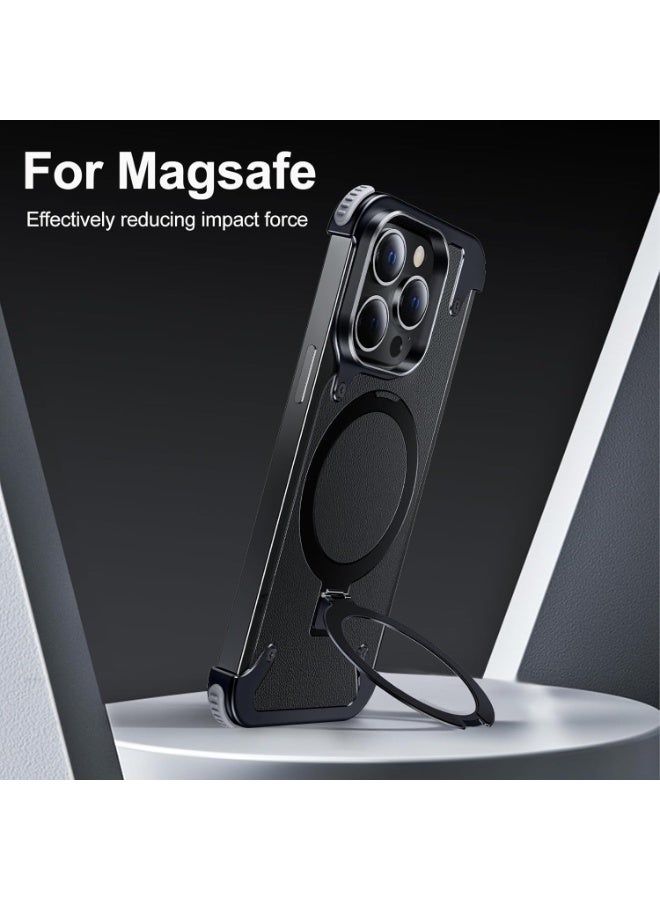 OATSBASF Frameless Case For iPhone 16 Pro Max With 360 Degree Rotating Kickstand Shock Absorption Aerospace Grade Protective Slim Minimalist Cover Black - Image 2