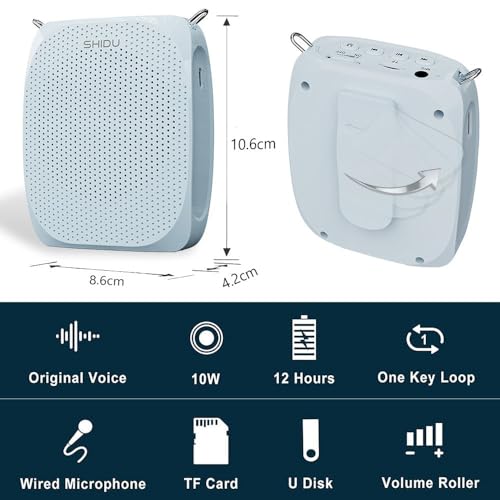 SHIDU S258 Upgraded Portable Rechargeable Voice Amplifier with Wired Neckband Microphone, Supports AUX, USB, & Micro-SD Card Input for Teachers, Tour Guides with Type C Charging Cable|Blue - Image 3