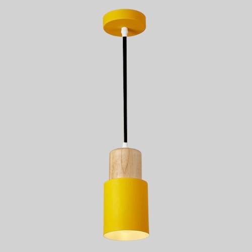 Groeien Cylindrical Color Metal Chandelier Elegance Small Wood Pendant Hanging Light for Kitchen Island, Indoor Metal Hanging Light, Living Room Bedroom Bedside Table (Yellow) - Image 1