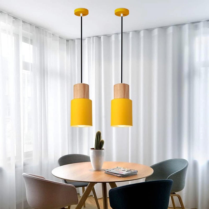 Groeien Cylindrical Color Metal Chandelier Elegance Small Wood Pendant Hanging Light for Kitchen Island, Indoor Metal Hanging Light, Living Room Bedroom Bedside Table (Yellow) - Image 2