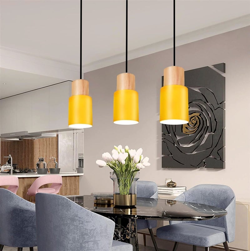 Groeien Cylindrical Color Metal Chandelier Elegance Small Wood Pendant Hanging Light for Kitchen Island, Indoor Metal Hanging Light, Living Room Bedroom Bedside Table (Yellow) - Image 5