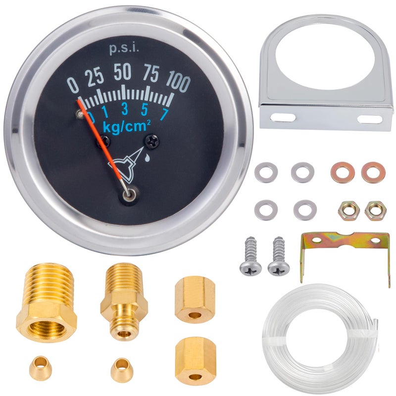 Yullsorom 7-153 Oil Pressure Gauge Kit Universal Fit With Plastic Tube And Threaded Parts  Chrome Black - Image 1