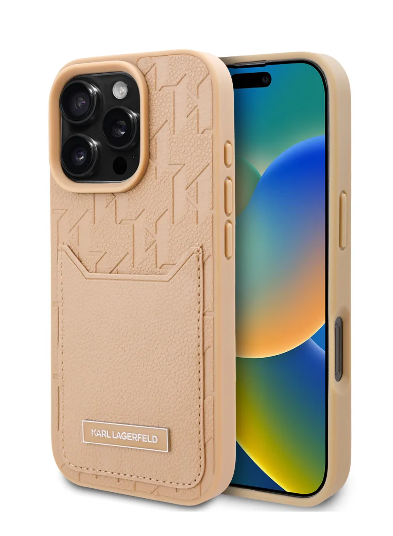 Karl Lagerfeld iPhone 16 Pro Case PU Hard Cover with Card slot & Monogram Design Logo /Drop Protection/Comfortable Grip-Brown