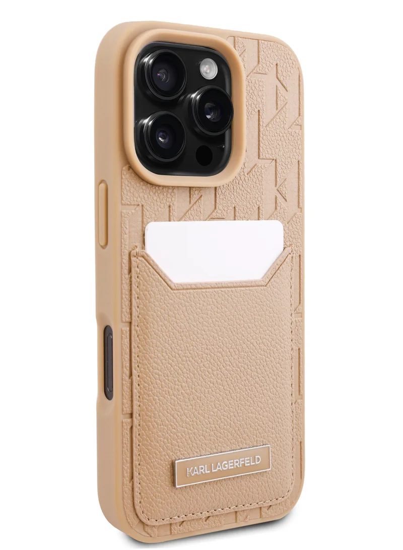 Karl Lagerfeld iPhone 16 Pro Case PU Hard Cover with Card slot & Monogram Design Logo /Drop Protection/Comfortable Grip-Brown