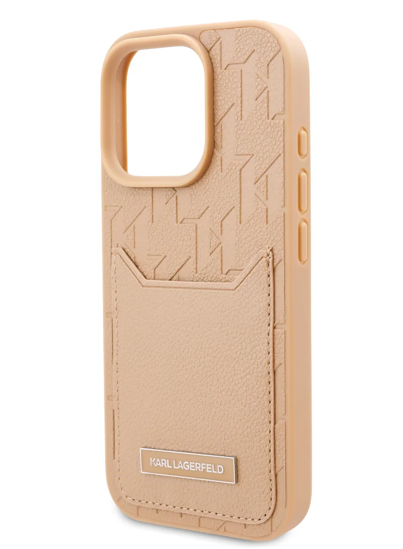Karl Lagerfeld iPhone 16 Pro Case PU Hard Cover with Card slot & Monogram Design Logo /Drop Protection/Comfortable Grip-Brown