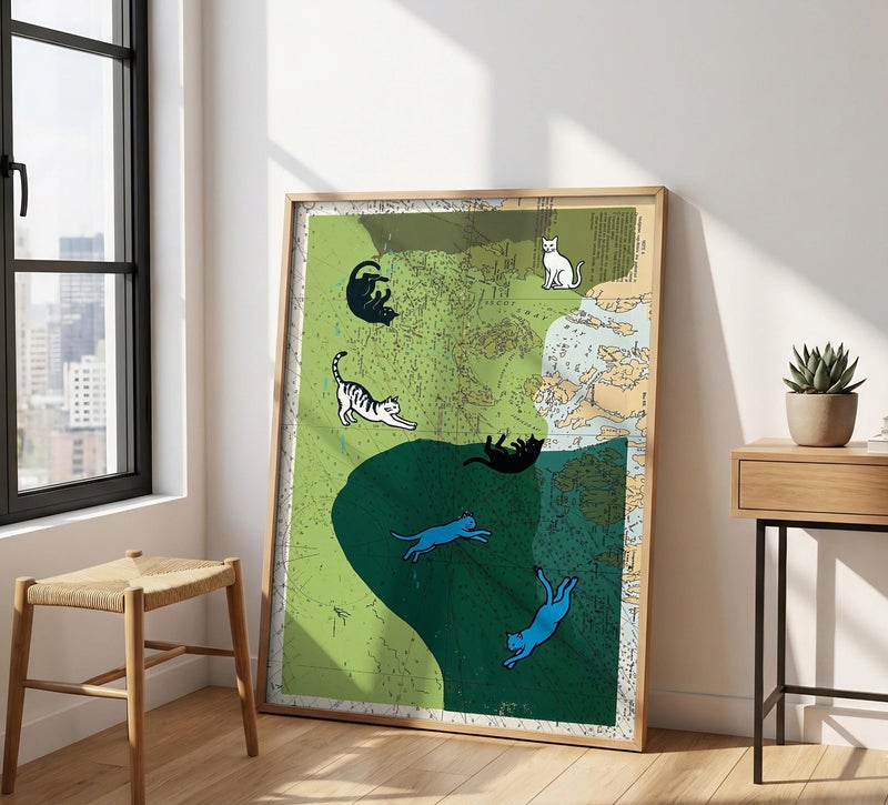 TNESSENTIAL Cat Map Print – Vintage Nautical Chart Art, Woodcut Cat Poster, Coastal Eclectic Decor, Surreal Feline Artwork, Quirky Animal Wall Art - Image 1