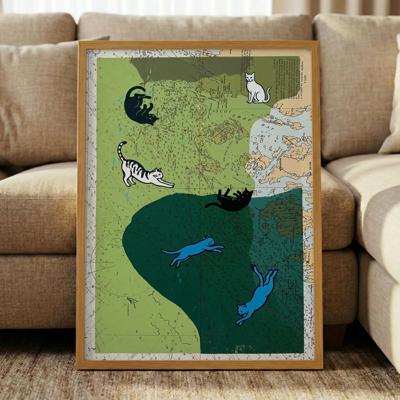 TNESSENTIAL Cat Map Print – Vintage Nautical Chart Art, Woodcut Cat Poster, Coastal Eclectic Decor, Surreal Feline Artwork, Quirky Animal Wall Art - Image 5