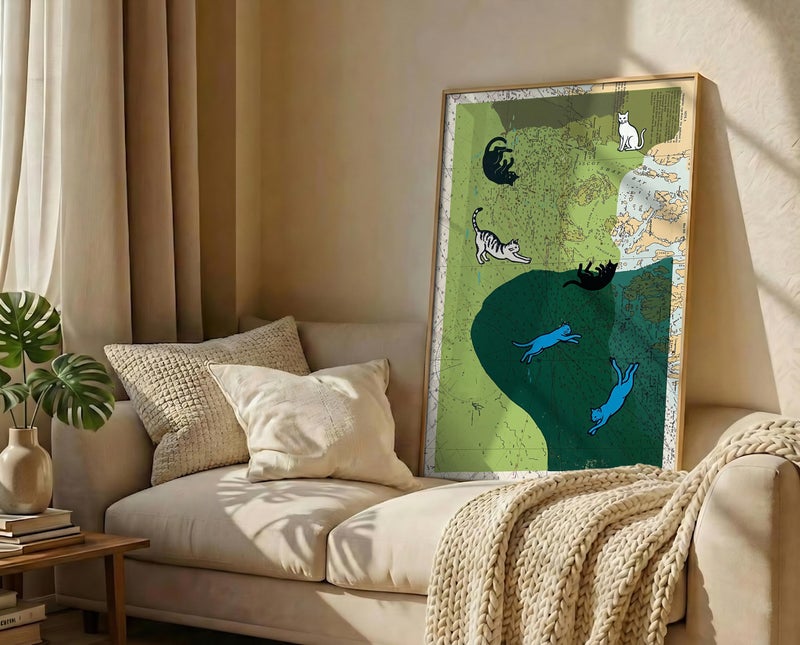 TNESSENTIAL Cat Map Print – Vintage Nautical Chart Art, Woodcut Cat Poster, Coastal Eclectic Decor, Surreal Feline Artwork, Quirky Animal Wall Art - Image 3