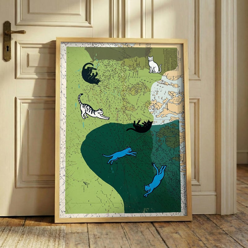 TNESSENTIAL Cat Map Print – Vintage Nautical Chart Art, Woodcut Cat Poster, Coastal Eclectic Decor, Surreal Feline Artwork, Quirky Animal Wall Art - Image 4