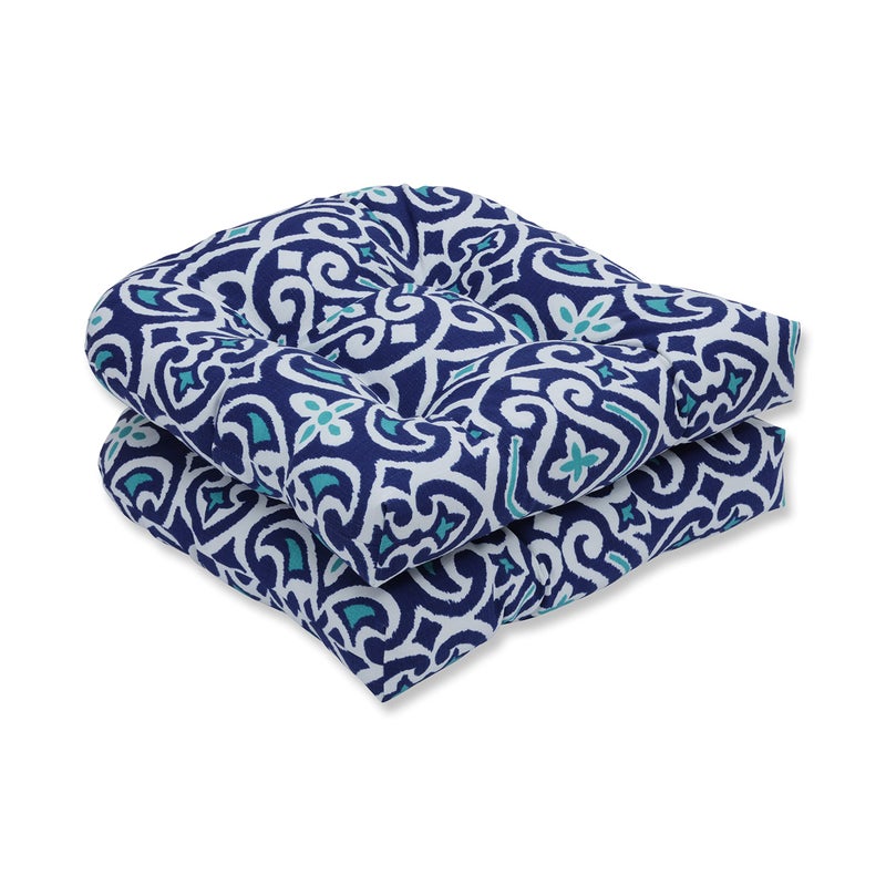 Pillow Perfect Damask IndoorOutdoor Chair Seat Cushion Tufted Weather and Fade Resistant 19 x 19 BlueWhite New Damask 2 Count