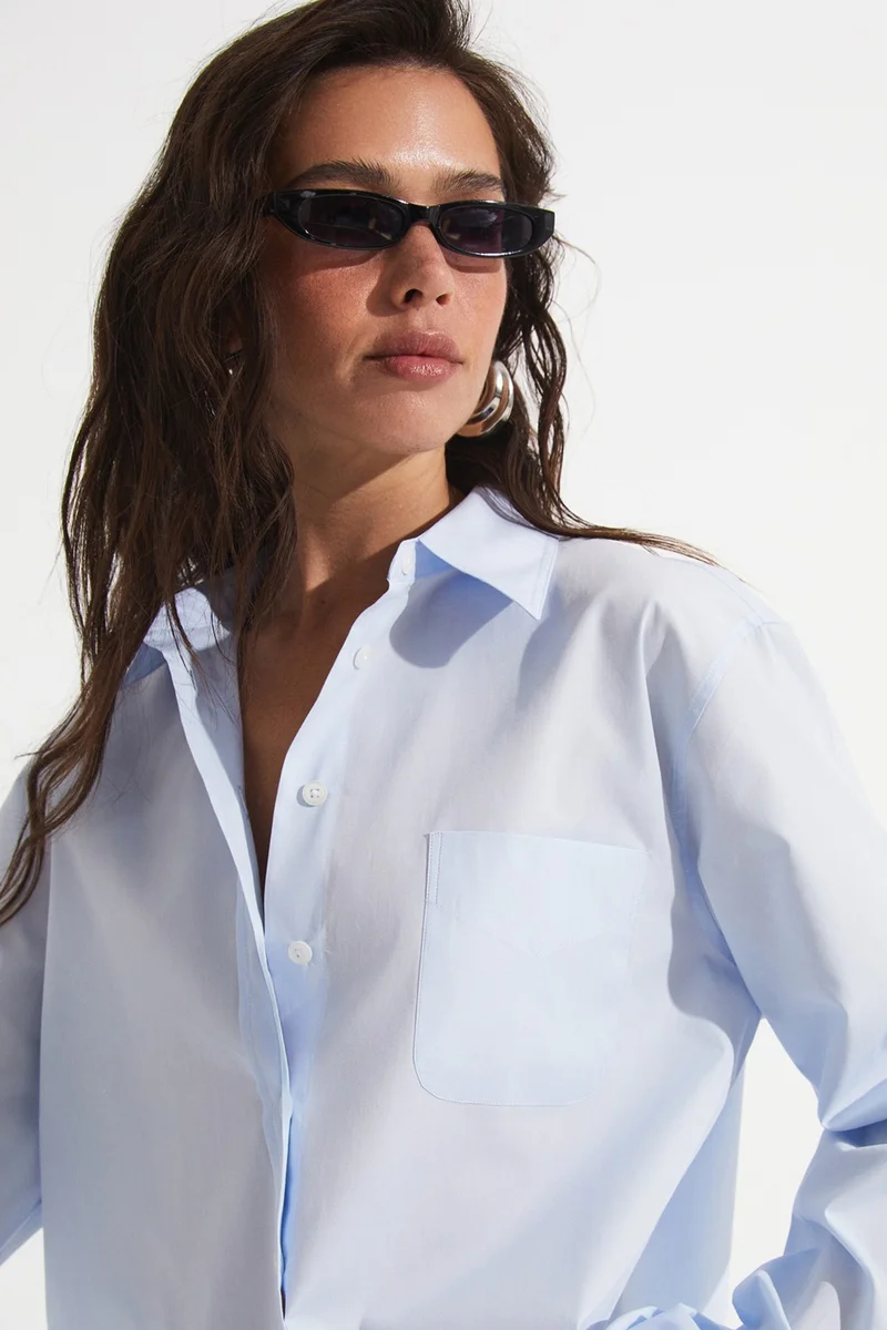 JUNE Loose Cut Blue Cotton Shirt