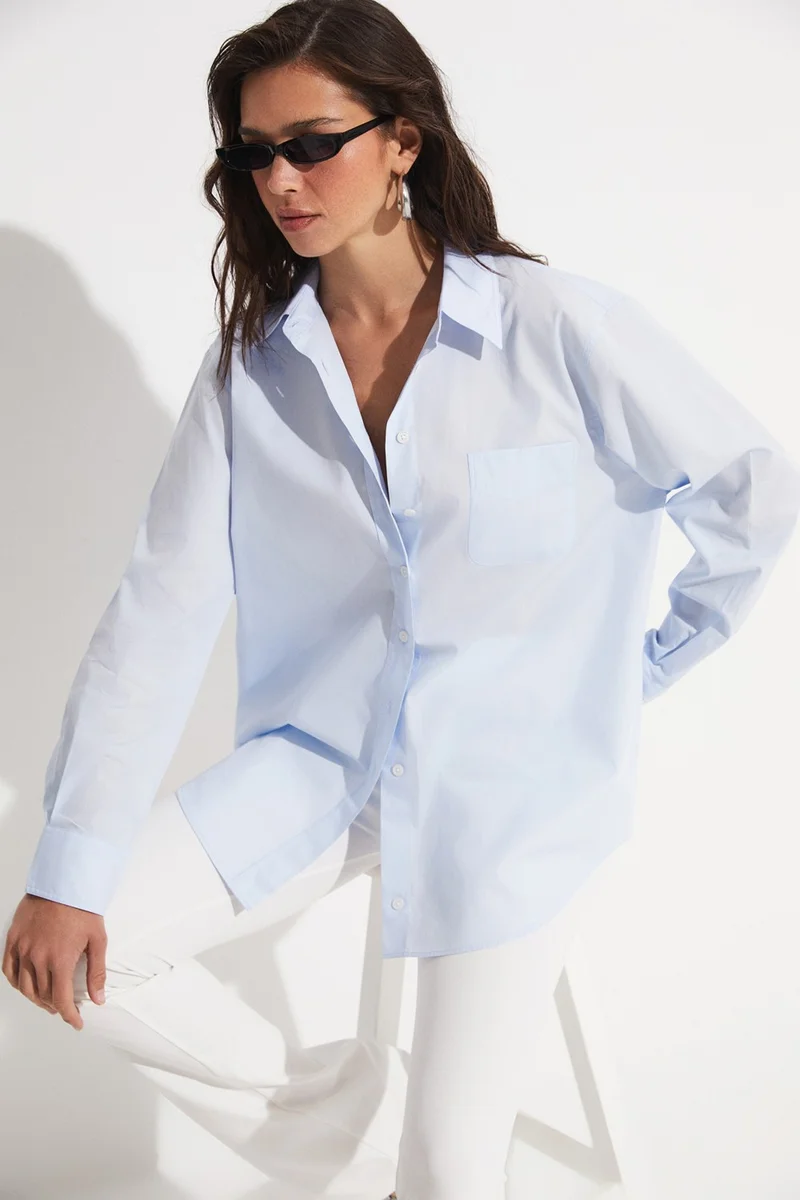 JUNE Loose Cut Blue Cotton Shirt
