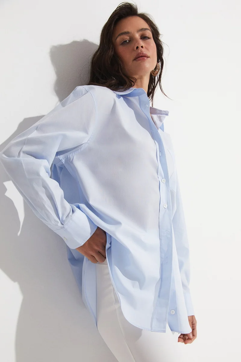 JUNE Loose Cut Blue Cotton Shirt