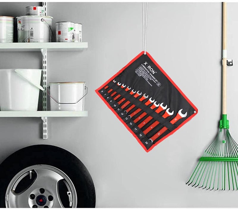 X RON Combination Spanner Wrench Set, Combination Spanner Set 6mm To 22 mm,12-Piece,Chrome Vanadium Steel, with Rolling Pouch,Red Color (With Bag) - Image 4