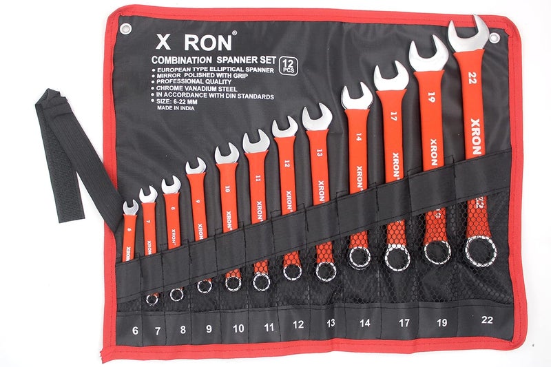 X RON Combination Spanner Wrench Set, Combination Spanner Set 6mm To 22 mm,12-Piece,Chrome Vanadium Steel, with Rolling Pouch,Red Color (With Bag) - Image 1