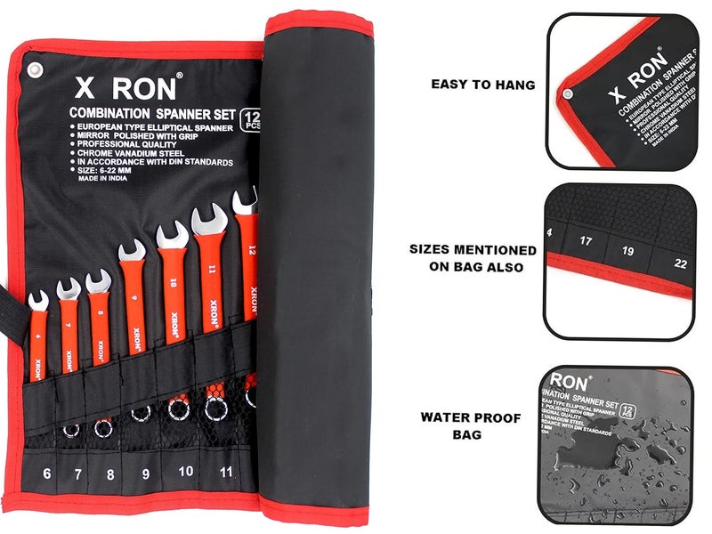 X RON Combination Spanner Wrench Set, Combination Spanner Set 6mm To 22 mm,12-Piece,Chrome Vanadium Steel, with Rolling Pouch,Red Color (With Bag) - Image 2