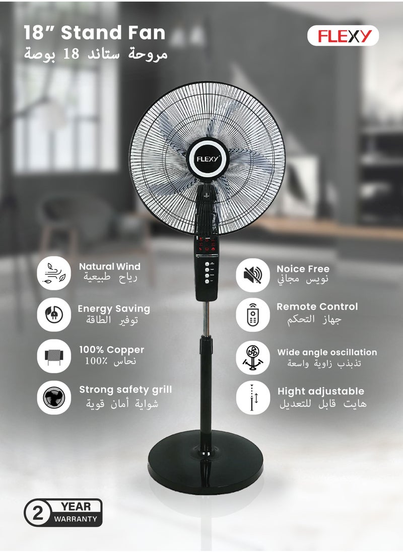Flexy - 18 Inch Stand Fan With Remote Control And Timer | Pedestal Floor Cooling Fan For Home And Outdoor Use | 5 Leaf 3 Speed Powerful Electric Tower Fan - Image 1