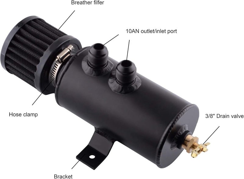 ESPEEDER SYKRSS Universal 10AN Aluminum Baffled Oil Catch Can with Breather Filter 750ml Black - Image 2