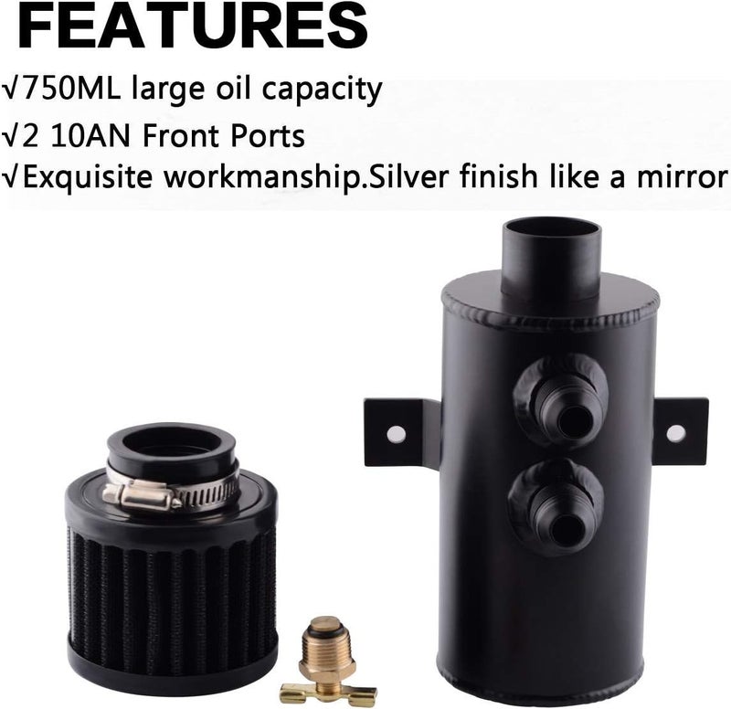 ESPEEDER SYKRSS Universal 10AN Aluminum Baffled Oil Catch Can with Breather Filter 750ml Black - Image 5