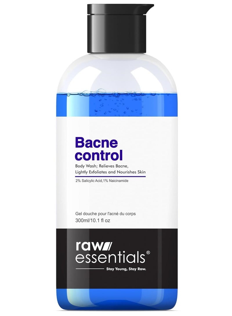 رو إسينشالز غسول الجسم Raw Essentials للتحكم في حب الشباب (Bacne Control) - يحتوي على 2% حمض الساليسيليك و1% نياسيناميد - سعة 300 مل (عبوة واحدة) - يخفف من حب الشباب في الجسم، ويقشر البشرة ويغذيها - خالٍ من SLS والبارابين - مناسب للرجال والنساء. - Image 1