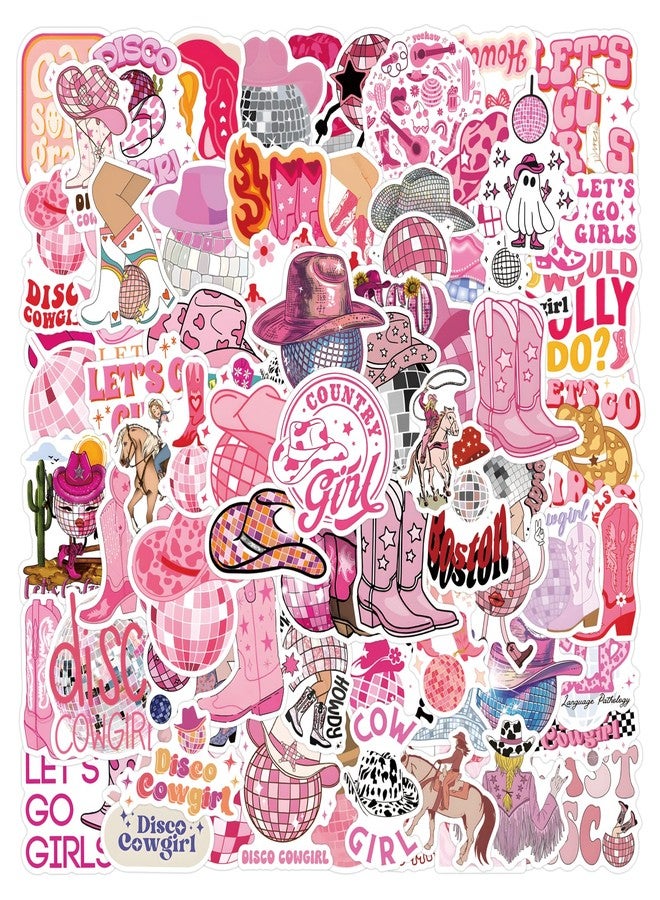 UBOFUGS 110 Pcs Disco Cowgirl Stickers,Pink Disco Party Decor,Western Cowgirl Aesthetic Waterproof Stickers for Water Bottle Laptop Skateboard Pink Preppy Decor for Teen Girl Bedroom Decor - Image 1
