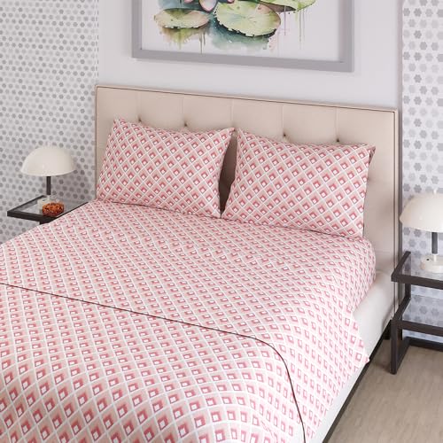 Layers Zen Cotton Blend Double Bedsheet Set (Oeko Tex Certified) | 1 Double Cotton Bedsheet & 2 Pillow Covers | Breathable & Anti-Wrinkle | 225 CVC | (Ikat Print, Peach) - Image 1