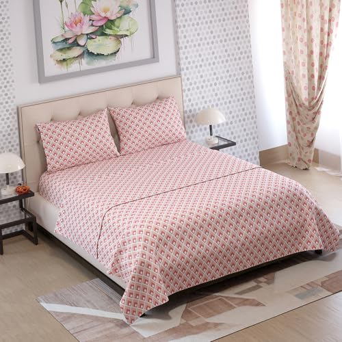 Layers Zen Cotton Blend Double Bedsheet Set (Oeko Tex Certified) | 1 Double Cotton Bedsheet & 2 Pillow Covers | Breathable & Anti-Wrinkle | 225 CVC | (Ikat Print, Peach) - Image 3