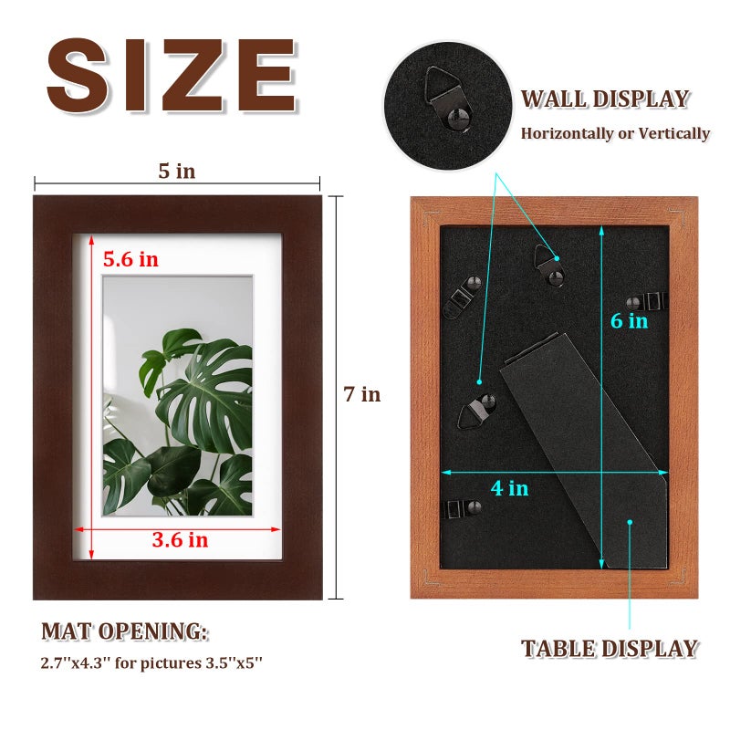 Egofine 5x7 Picture Frame Made of Solid Wood with Plexiglass  Display Pictures 3.5x5/4x6 with Mat or 5x7 Without Mat for Tabletop and Wall Mounting  Walnut Color - Image 3