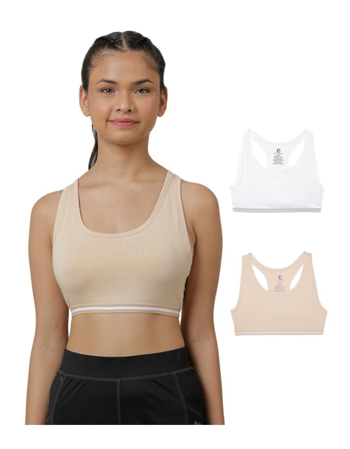CHARM N CHERISH Store White & Skin 2 Pack Girls Sports Bra, Non Padded Cotton Bras-Slip On Teenage Bras-Combo Pack-Solid Printed - Image 1