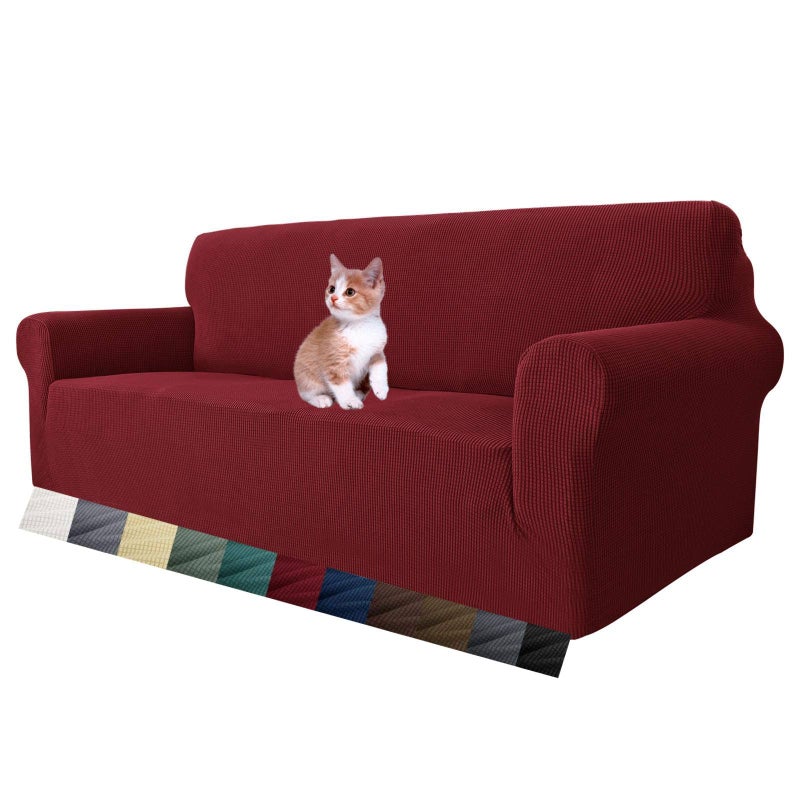 MAXIJIN Super Stretch Couch Cover for 3 Cushion Couch 1Piece Universal Sofa Covers Living Room Jacquard Spandex Furniture Protector Dogs Pet Friendly Fitted Large Wine Red