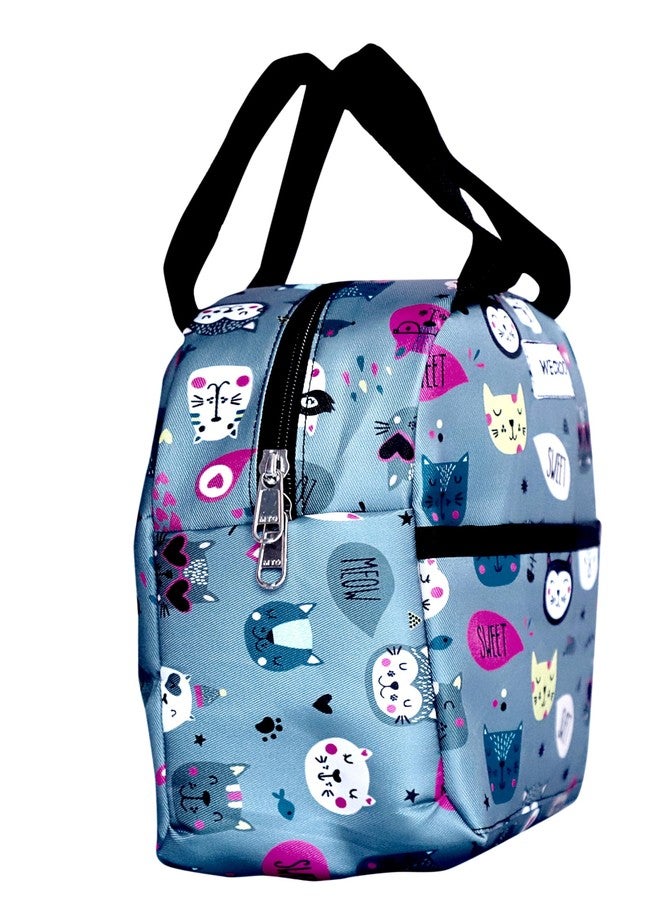 WECROO Insulated Lunch Bag, Cute Cat Pattern Design, with Small Pouch Reusable Insulated Lunch Tote Lunch Box Container Waterproof Bag for School Work Picnic (Grey Kitty) - Image 4