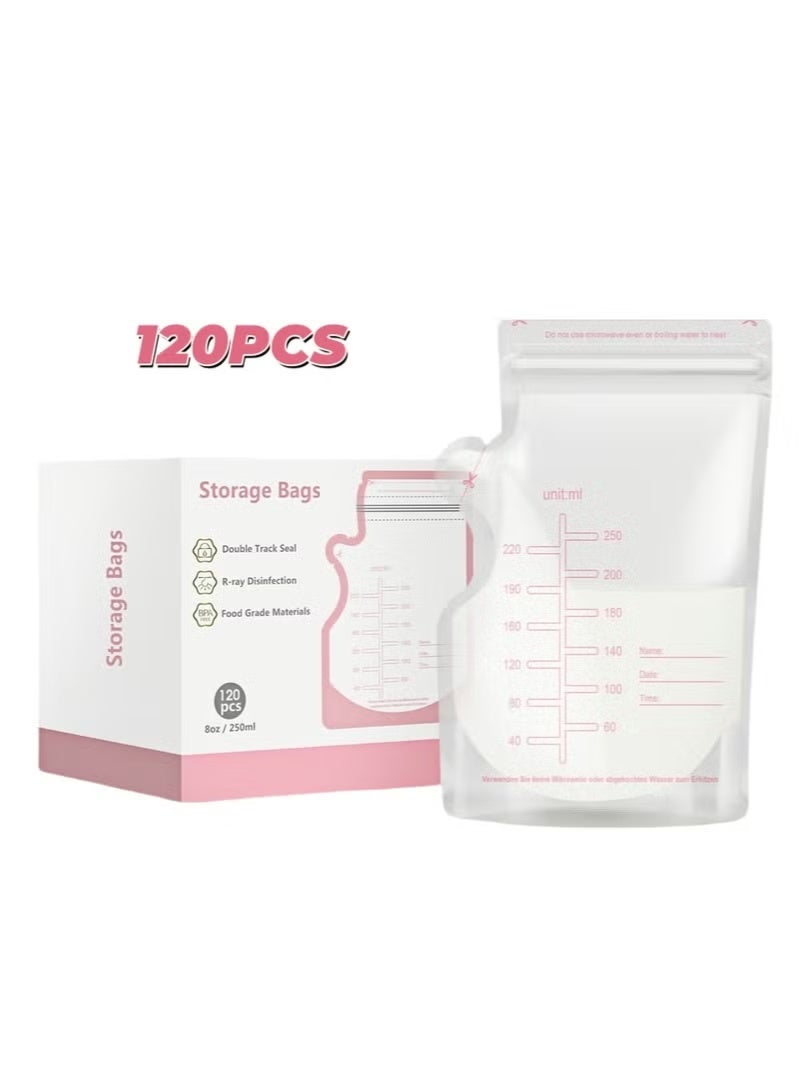 SHOPUP4U 120 PCS Self Standing Breast milk Storage Bags, Food Grade Material.250ML,Milk Plastic Bag