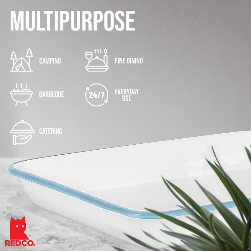 Red Co. 11" x 9" Enamelware Metal Classic 2 Quart Rectangular Serving Tray, Solid White/Teal Rim - Image 3