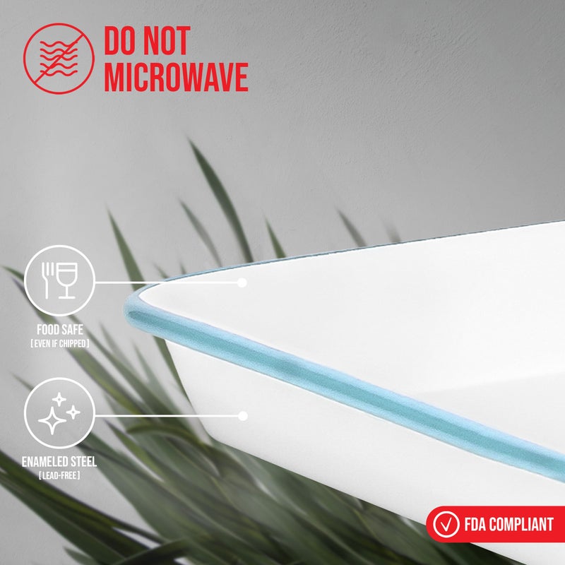 Red Co. 11" x 9" Enamelware Metal Classic 2 Quart Rectangular Serving Tray, Solid White/Teal Rim - Image 2
