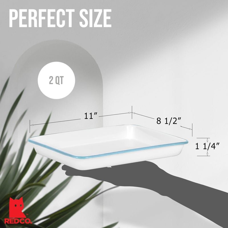 Red Co. 11" x 9" Enamelware Metal Classic 2 Quart Rectangular Serving Tray, Solid White/Teal Rim - Image 4