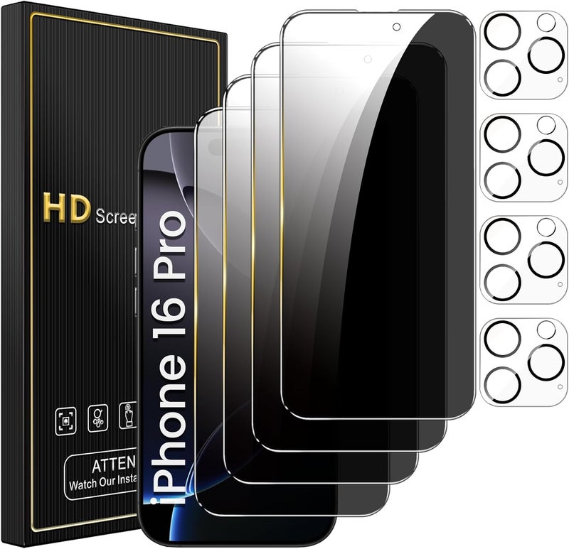 Romkasi 4 Pack Privacy Screen Protector for iPhone 16 Pro 6.3 Inch with 4 Pack Camera Lens Protector, Anti Spy Tempered Glass Film, Anti-Scratch, Touch Sensitive, Case Friendly - Image 1