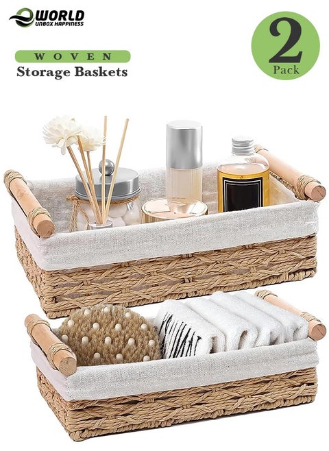 Set of 2 Rectangular Woven Storage Baskets with Washable Liners, Paper Rope Straw Rattan Baskets for Organizing with Handles, Ideal for Cosmetics, Toys, Books, and Daily Essentials